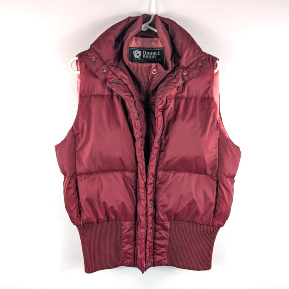Double Down XL Burgundy Puffer Vest Down Feather Nylon Insulated Ribbed Hem